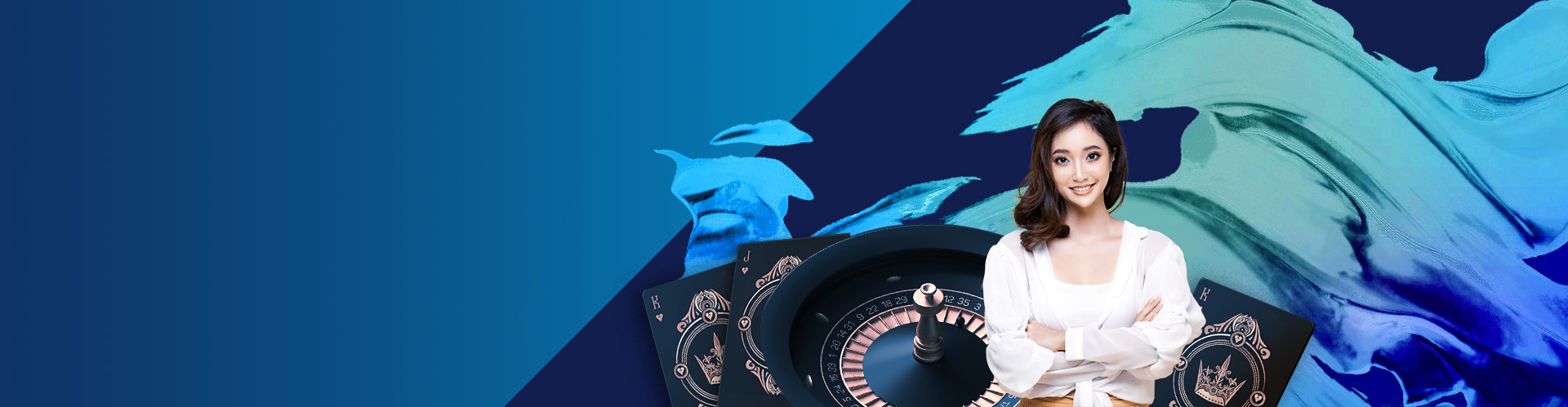 i8 casino page banner, girl with roulette table and cards